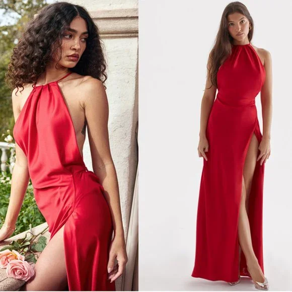 HOUSE OF CB 'Zanab' Red Rose Thigh Slit Maxi Dress NWOT - Picture 1 of 6